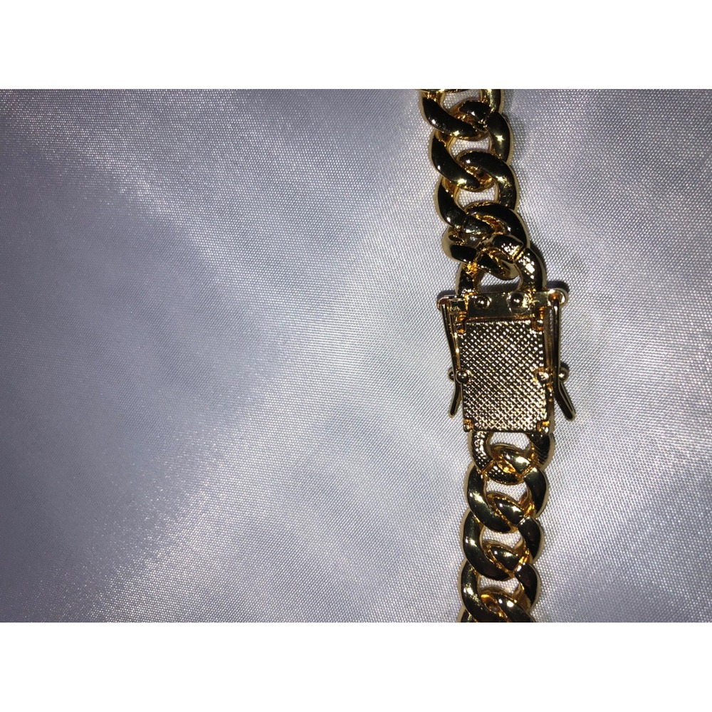 Iced Out Gold Tone Miami Cuban Link Chain Necklace Hip Hop Bling Box Clasp - Picture 5 of 5